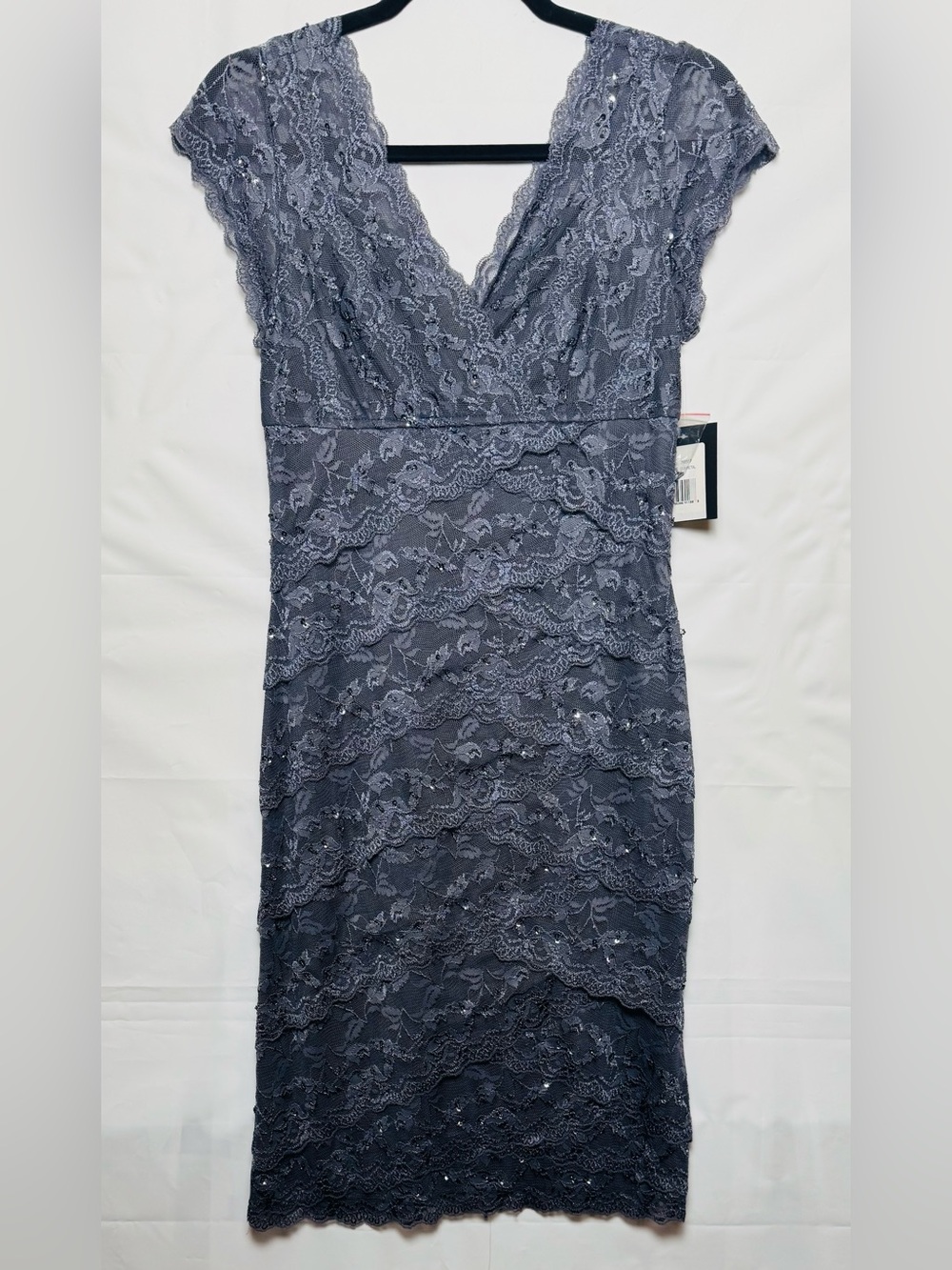 MARINA Lace V-Neck Women’s Midi Dress in Slate Gray, Sz 6. NWT